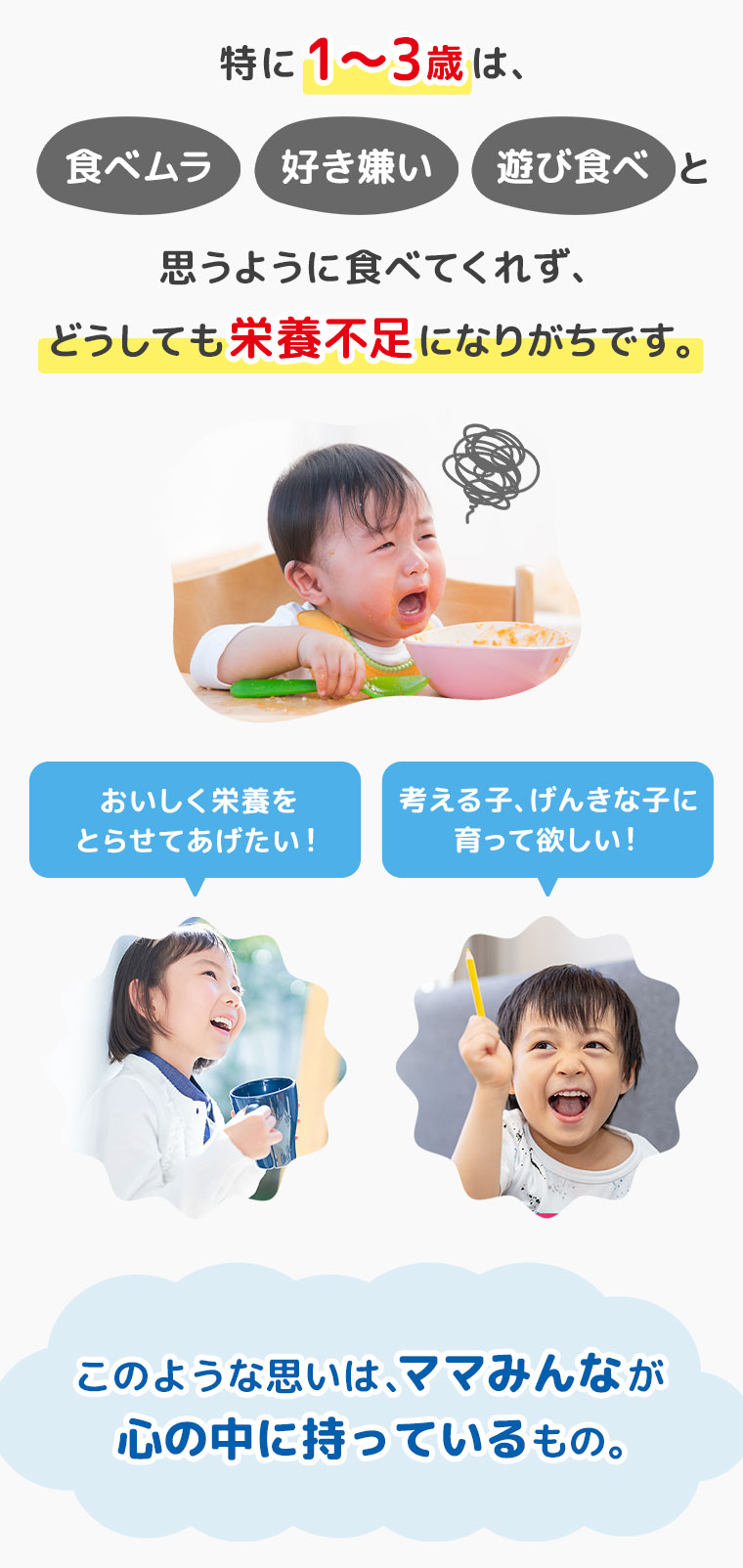 特に1〜3歳は食べムラ・好き嫌い・遊び食べと、思うように食べてくれず、どうしても栄養不足になりがちです。
