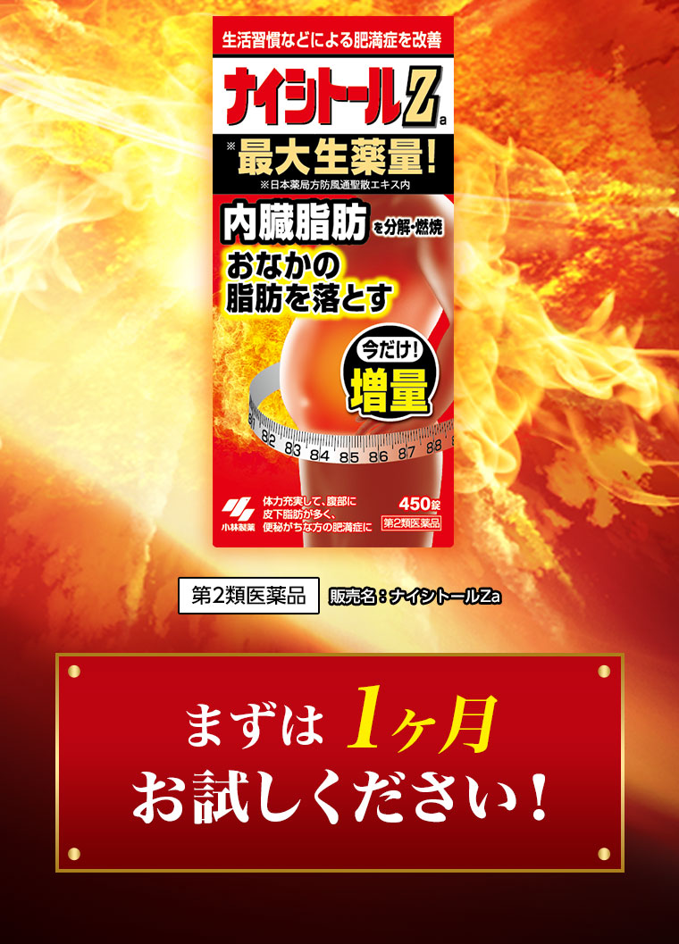 生活習慣などによる肥満症を改善 ナイシトールZ 最大生薬量！内臓脂肪を分解・燃焼 おなかの脂肪を落とす 第2類医薬品 販売名：ナイシトールZa まずは1ヶ月お試しください！