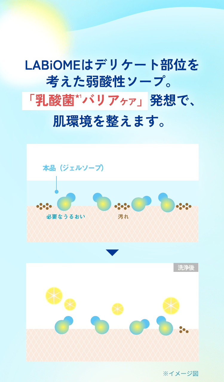 LABiOMEはデリケート部位を考えた弱酸性ソープ。「乳酸菌★1バリアケア」発想で、肌環境を整えます。★1:乳酸桿菌（保湿成分） 