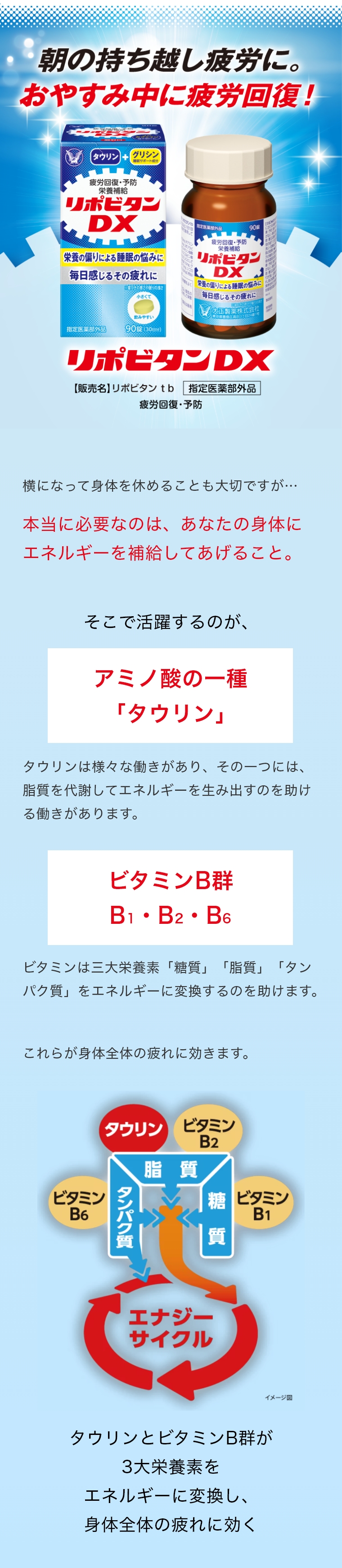 朝の持ち越し疲労に。おやすみ中に疲労回復！タウリンとビタミンB群が3大栄養素をエネルギーに変換し、身体全体の疲れに効く