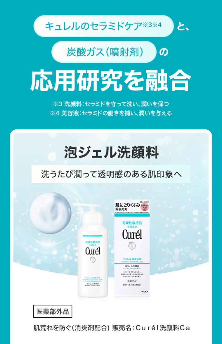 キュレルのセラミドケア※3※4 と、炭酸ガス（噴射剤）の応用研究を融合 ※3 洗顔料：セラミドを守って洗い、潤いを保つ ※4 美容液：セラミドの働きを補い、潤いを与える 泡ジェル洗顔料 洗うたび潤って透明感のある肌印象へ 医薬部外品 肌荒れを防ぐ（消炎剤配合）販売名：Curél洗顔料Ca
