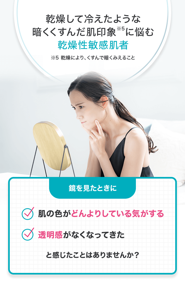 乾燥して冷えたような暗くくすんだ肌印象※5に悩む 乾燥性敏感肌者 ※5 乾燥により、くすんで暗くみえること 鏡を見たときに 肌の色がどんよりしている気がする 透明感がなくなってきた と感じたことはありませんか？