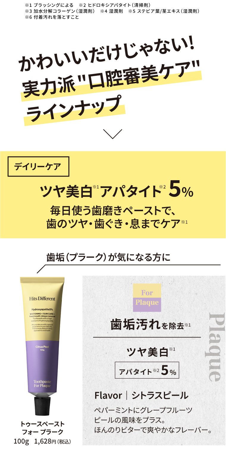 かわいいだけじゃない!実力派 ”口腔審美ケア” ラインナップ ツヤ美白 アパタイト 5% 毎日使う歯磨きペーストで、歯のツヤ・ 歯ぐき・息までケア 歯垢（プラーク）が気になる方に トゥースペーストフォー プラーク 100g 1,628円（税込）