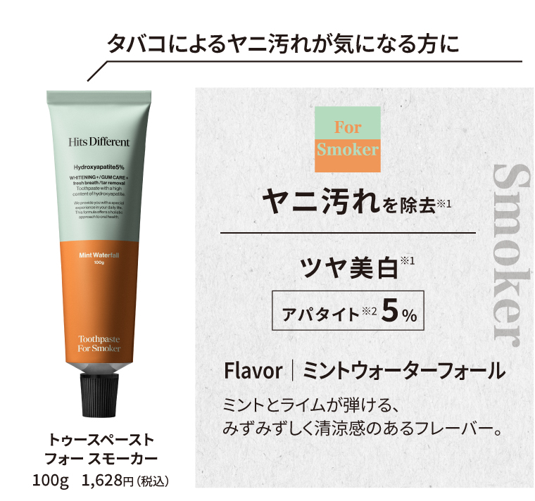 タバコによる茶ばみが気になる方に トゥースペースト フォー スモーカー 100g 1,628円（税込）