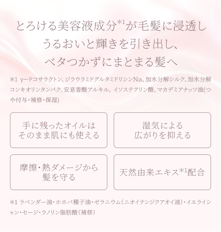とろける美容液成分1が毛髪に浸透しうるおいと輝きを引き出し、ベタつかずにまとまる髪へ 手に残ったオイルはそのまま肌にも使える 湿気による広がりを抑える 摩擦・熱ダメージから髪を守る 天然由来エキス1配合