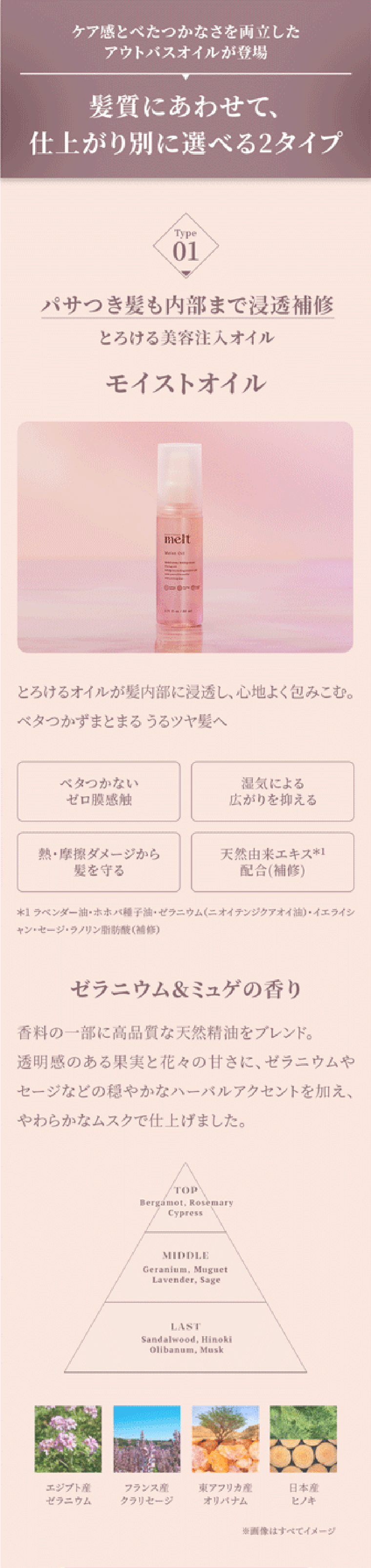 ケア感とべたつかなさを両立したアウトバスオイルが登場 髪質にあわせて、仕上がり別に選べる2タイプ Type01 パサつき髪も内部まで浸透補修 とろける美容注入オイル モイストオイル ゼラニウム＆ミュゲの香り