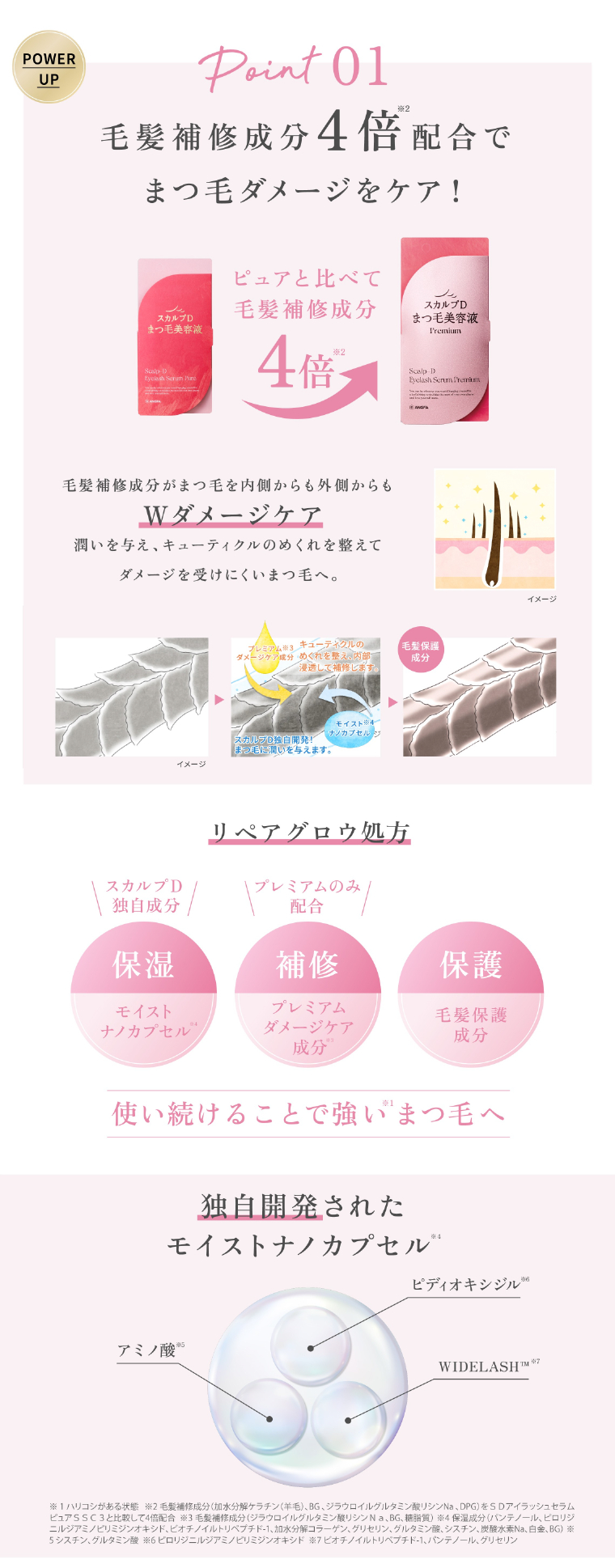 Point01 毛髪補修成分4倍配合でまつ毛ダメージをケア！