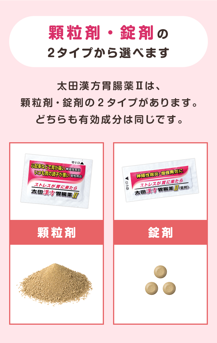 顆粒剤・錠剤の2タイプから選べます