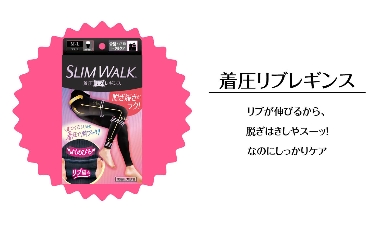 着圧リブレギンス　リブが伸びるから、脱ぎはきしやスーッ！なのにしっかりケア