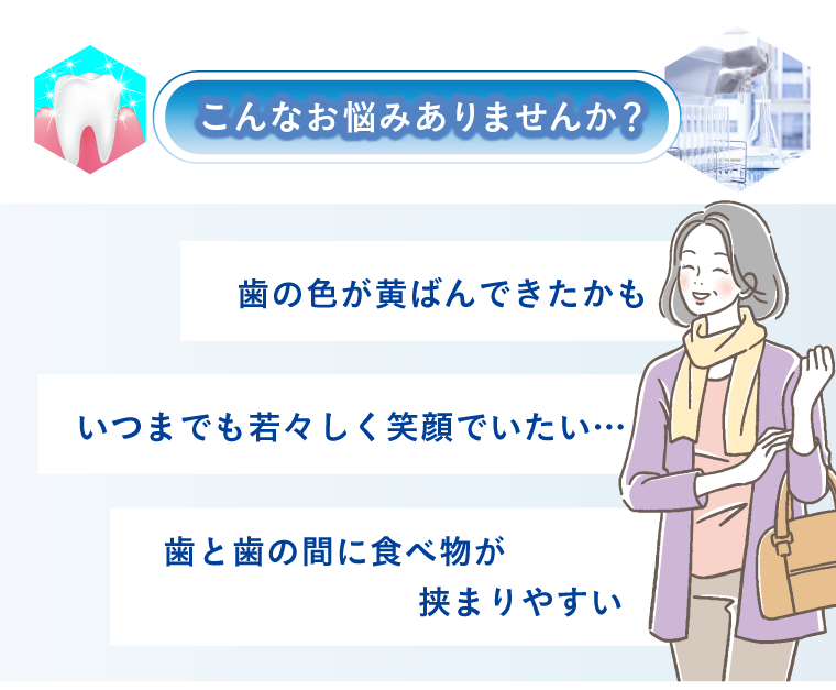 こんなお悩みありませんか？ 歯の色が黄ばんできたかも。いつまでも若々しく笑顔委でいたい。歯と歯の間に食べ物が挟まりやすい