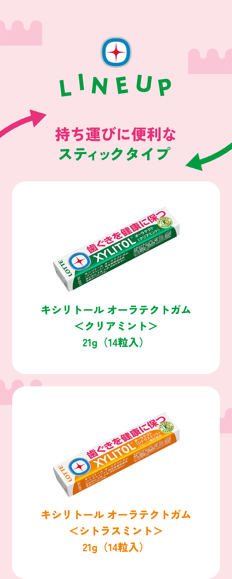LINE UP 持ち運びに便利なスティックタイプ キシリトール オーラテクトガム＜クリアミント＞21g（14粒入） キシリトール オーラテクトガム＜シトラスミント＞21g（14粒入）