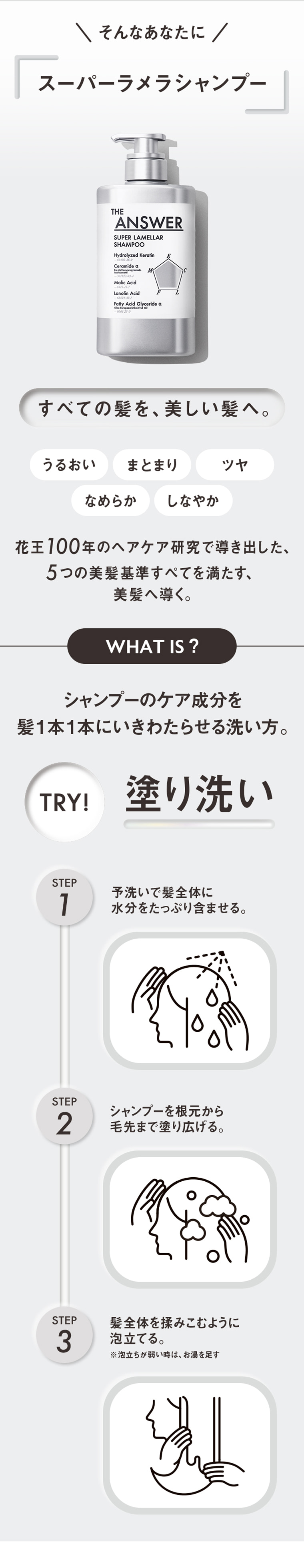 そんなあなたにスーパ―ラメラシャンプー すべての髪を、美しい髪へ。うるおい まとまり ツヤ なめらか しなやか 花王100年のヘアケア研究で導き出した、5つの美髪基準すべてを満たす、美髪へ導く。WHAT IS？シャンプーのケア成分を髪1本1本にいきわたらせる洗い方。TRY！塗り洗い STEP1 予洗いで髪全体に水分をたっぷり含ませる。STEP2 シャンプーを根元から毛先まで塗り広げる。STEP3 髪全体を揉みこむように泡立てる。※泡立ちが弱い時は、お湯を足す