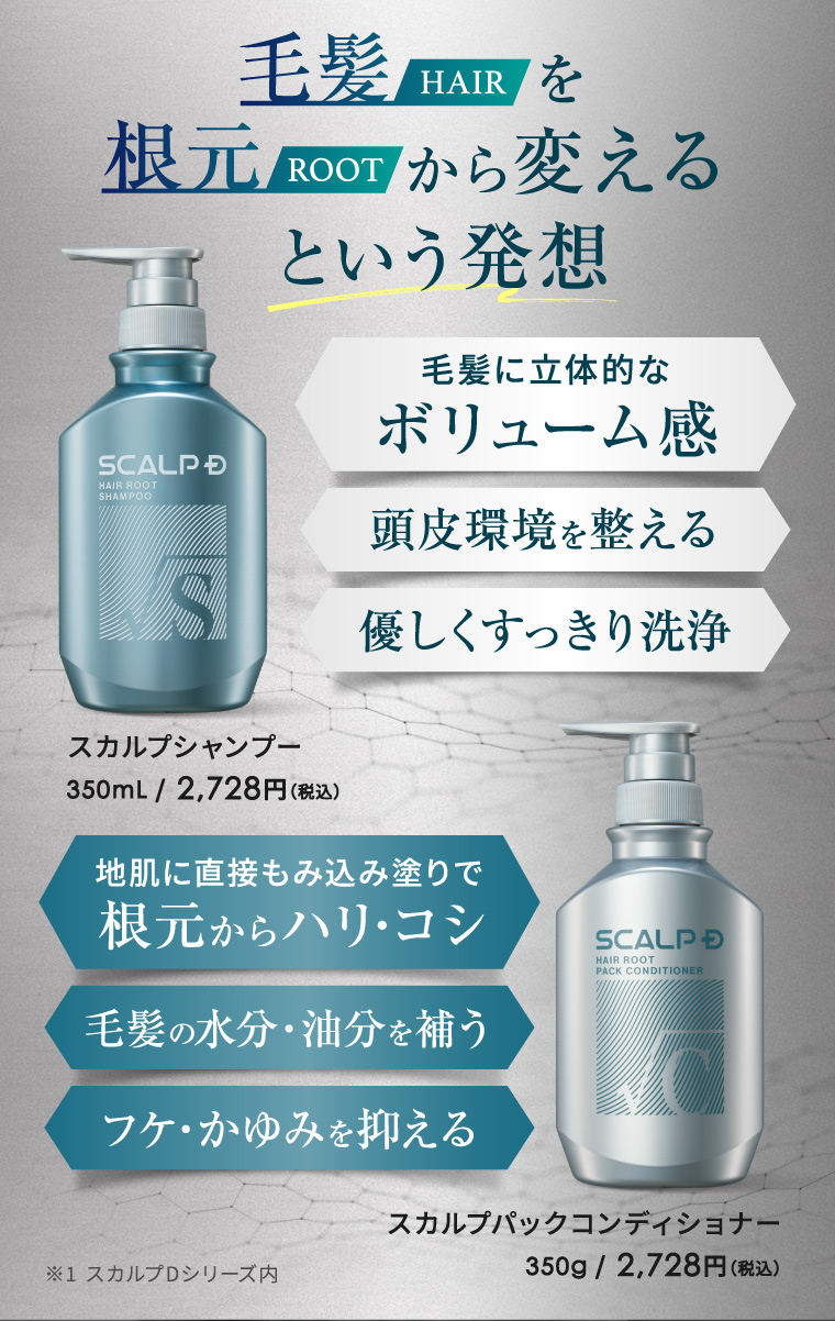 毛髮 HAIR を 根元 ROOT から変える という発想 毛髪に立体的な ボリューム感 SCALP D HAIR ROOT SHAMPOO 頭皮環境を整える S 優しくすっきり洗浄 スカルプシャンプー 350mL/2,728円(税込) 地肌に直接もみ込み塗りで 根元からハリ・コシ 毛髪の水分・油分を補う フケ・かゆみを抑える SCALP D HAIR ROOT PACK CONDITIONER ※1 スカルプDシリーズ内 スカルプパックコンディショナー 350g/ 2,728円(税込)
