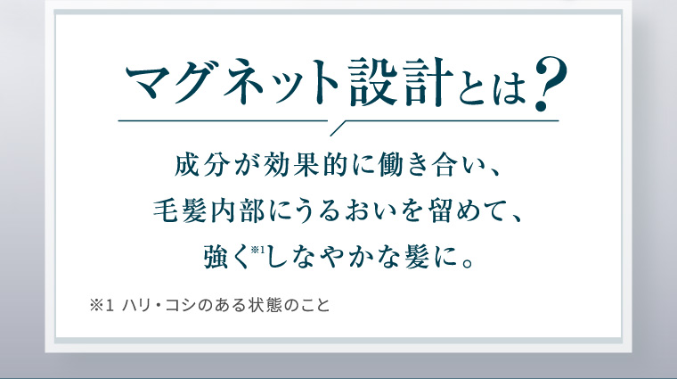 マグネット設計とは? 成分が効果的に働き合い、 毛髪内部にうるおいを留めて、 強くしなやかな髪に。 ※1 ハリ・コシのある状態のこと