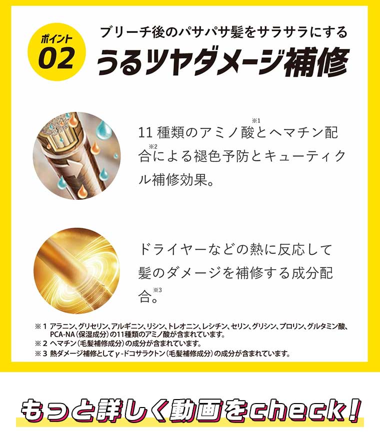 ポイント02 ブリーチ後のパサパサ髪をサラサラにするうるツヤダメージ補修