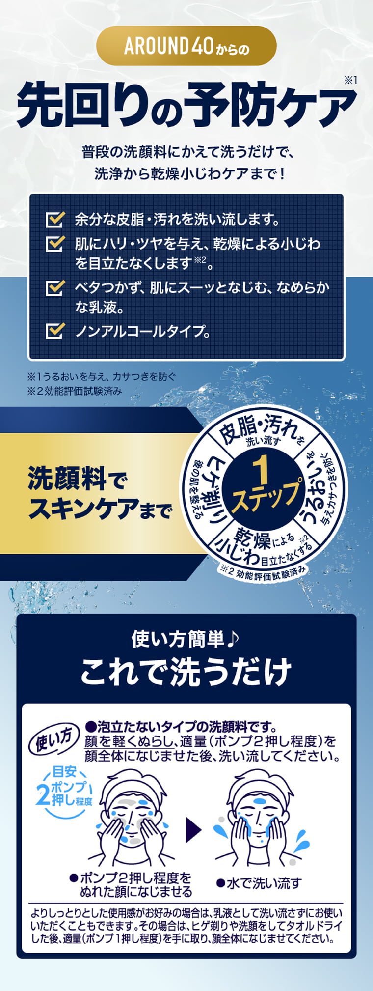AROUND40からの先回りの予防ケア 普段の洗顔料にかえて洗うだけで、船上から乾燥小じわケアまで！余分な皮脂・汚れを洗い流します。 肌にハリ・ツヤを与え、乾燥による小じわを目立たなくします。 べたつかず、肌にすーっっとなじむ、なめらかな乳液 ノンアルコールタイプ