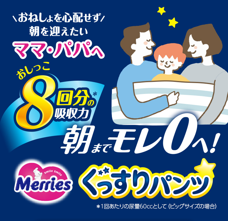 おねしょを心配せず朝を迎えたいママ・パパへ おしっこ8回分の吸収力 朝までモレ0へ ぐっすりパンツ