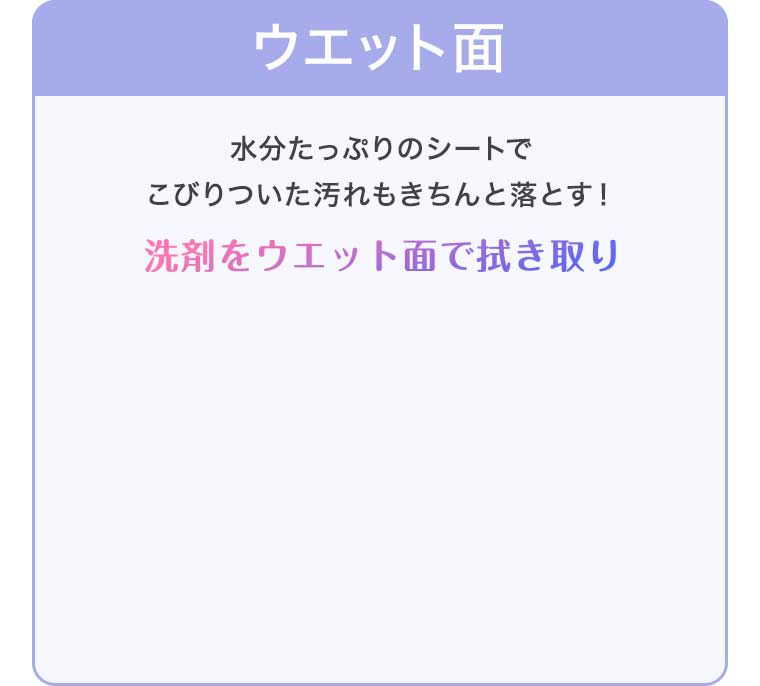 ウエット面 水分たっぷりのシートでこびりついた汚れもきちんと落とす!
