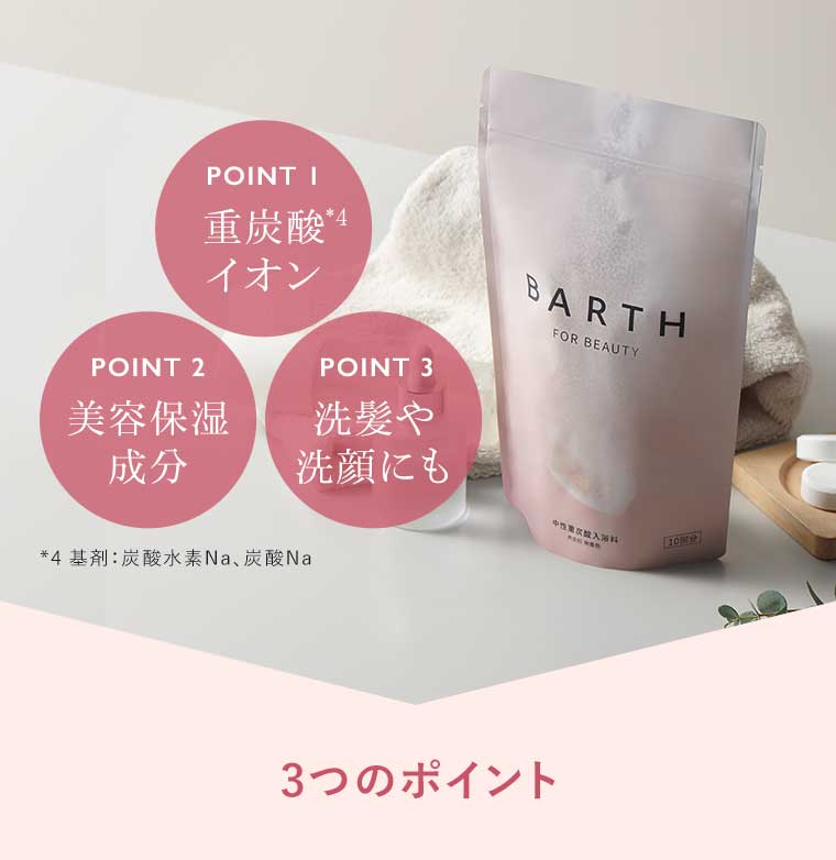 POINT1 重炭酸イオン POINT2 美容保湿成分 POINT3 洗髪や洗顔にも