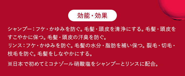 【効能・効果】シャンプー：フケ・かゆみを防ぐ。毛髪・頭皮を清浄にする。毛髪・頭皮をすこやかに保つ。毛髪・頭皮の汗臭を防ぐ。リンス：フケ・かゆみを防ぐ。毛髪の水分・脂肪を補い保つ。裂毛・切毛・枝毛を防ぐ。毛髪をしなやかにする。※日本で初めてミコナゾール硝酸塩をシャンプーとリンスに配合。