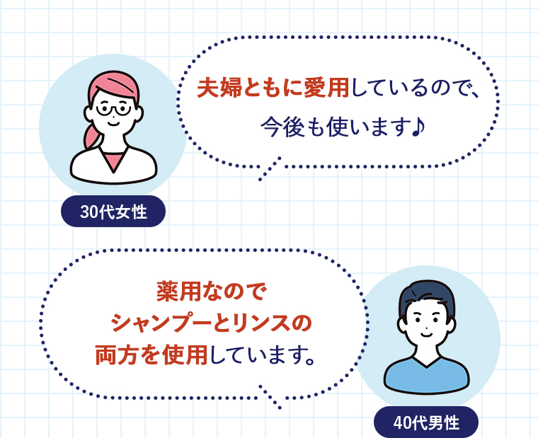 【30代女性】夫婦ともに愛用しているので、今後も使います♪【40代男性】薬用なのでシャンプーとリンスの両方を使用しています。
