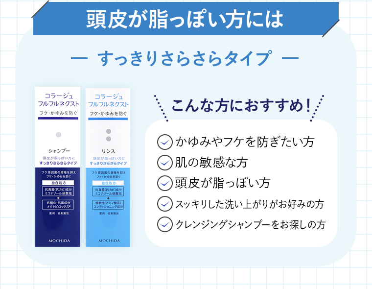 「頭皮が脂っぽい方には」-すっきりさらさらタイプ-こんな方におすすめ！「かゆみやフケを防ぎたい方」「肌の敏感な方」「頭皮が脂っぽい方」「スッキリした洗い上がりがお好みの方」「クレンジングシャンプーをお探しの方」