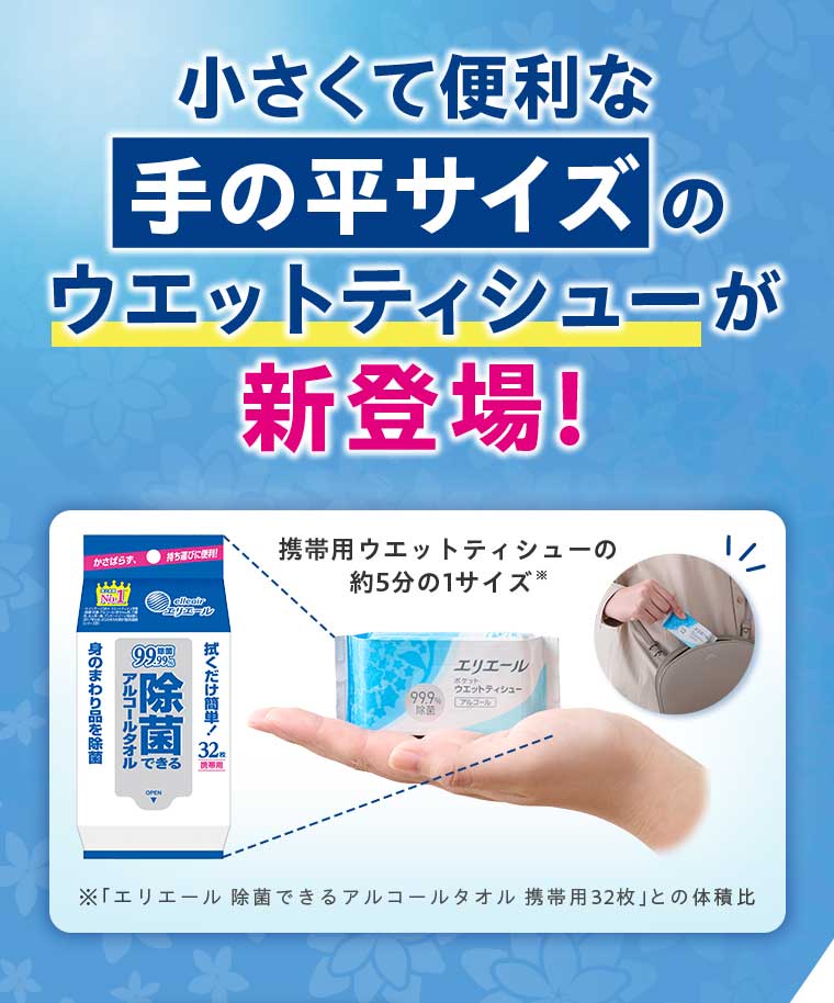 小さくて便利な手の平サイズのウエットティシューが新登場!