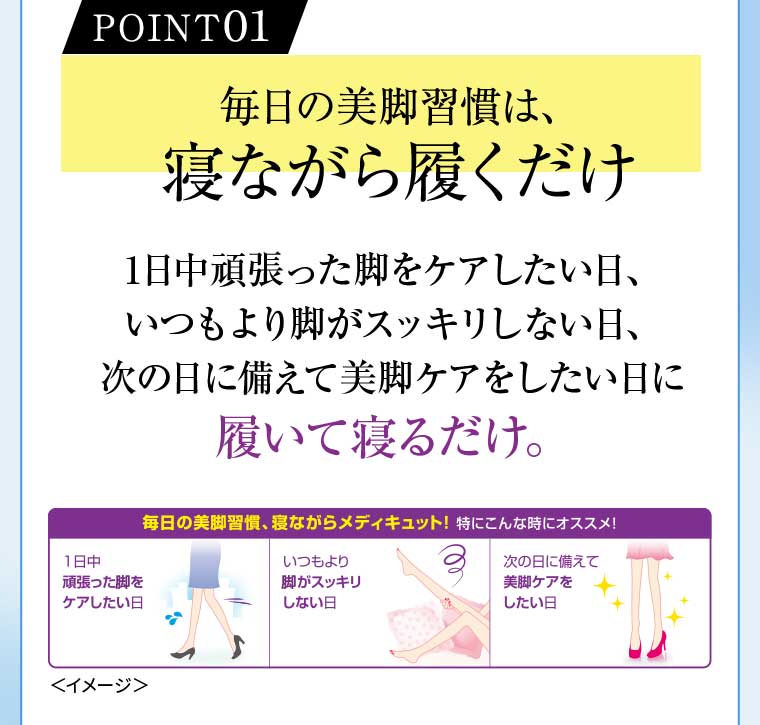 POINT01 毎日の美脚習慣は、寝ながら履くだけ