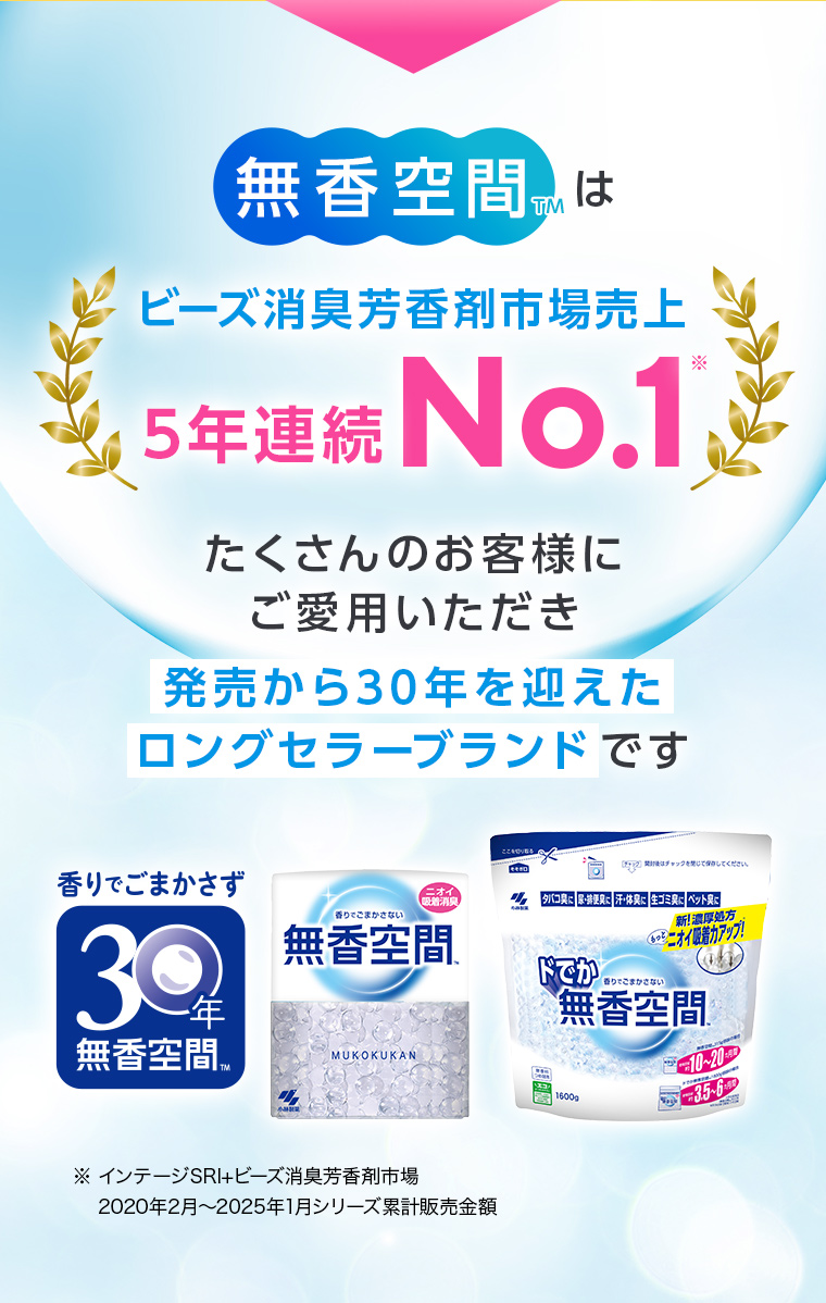 無香空間™はビーズ消臭芳香剤市場売上5年連続No.1、たくさんのお客様にご愛用いただき発売から30年を迎えたロングセラーブランドです