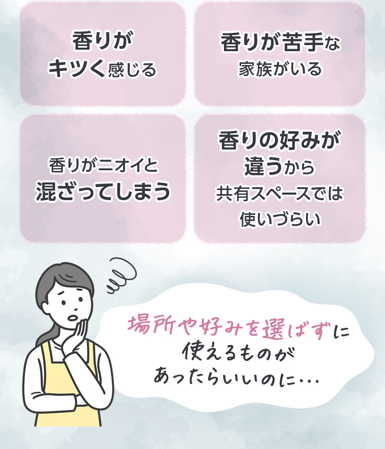 香りがキツく感じる、香りが苦手な家族がいる、香りがニオイと混ざってしまう、香りの好みが違うから共有スペースでは使いづらい。「場所や好みを選ばずに使えるものがあったらいいのに…」