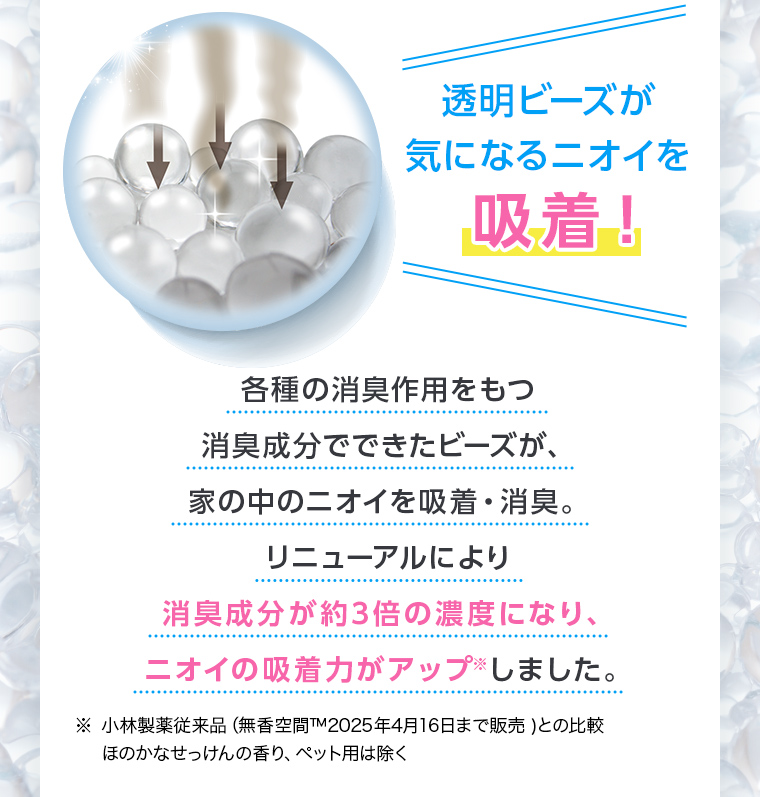 透明ビーズが気になるニオイを吸着！各種の消臭作用をもつ消臭成分でできたビーズが、家の中のニオイを吸着・消臭。リニューアルにより消臭成分が約3倍の濃度になり、ニオイの吸着力がアップしました。