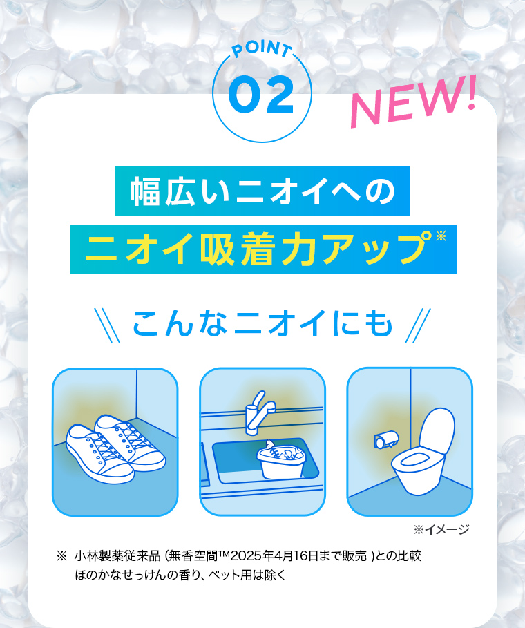 POINT02：幅広いニオイへのニオイ吸着力アップ。こんなニオイにも(靴、キッチン、トイレ)