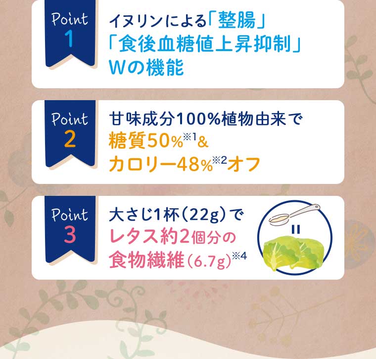 Point1 イヌリンによる「整腸」「食後血糖値上昇抑制」Wの機能