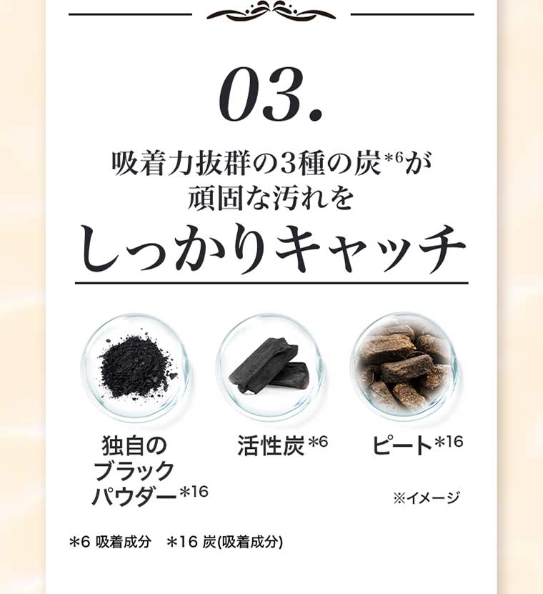 03.吸着力抜群の3種の炭が頑固な汚れをしっかりキャッチ