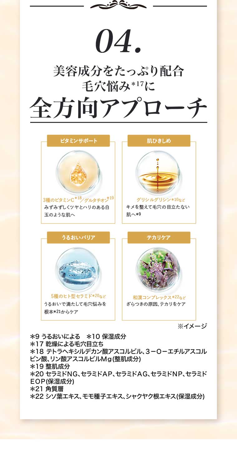 04.美容成分をたっぷり配合 毛穴悩みに全方向アプローチ