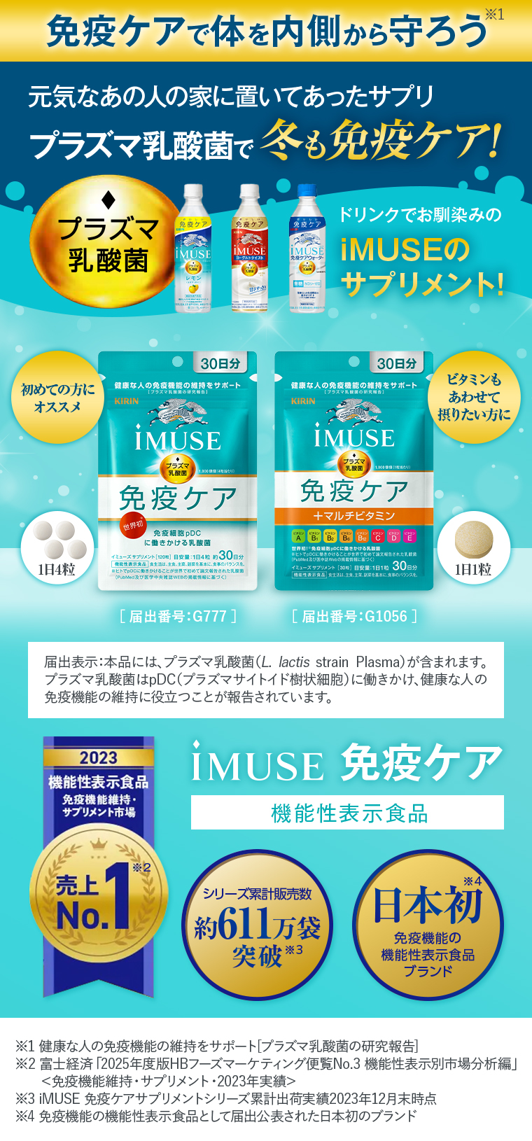 免疫ケアで体を内側から守ろうプラズマ乳酸菌で冬も免疫ケア！ドリンクでお馴染みのiMUSEのサプリメント！免疫ケア健康な人の免疫機能の維持をサポートiMUSE免疫ケアシリーズ累計販売数約611万袋突破売上No.1日本初免疫機能の機能性表示食品ブランド
