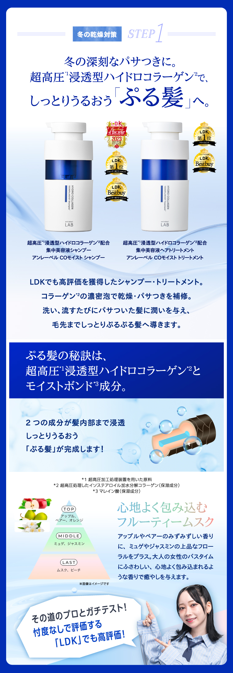 冬の乾燥対策 STEP1　冬の深刻なパサつきに。超高圧浸透型ハイドロコラーゲンで、しっとりうるおう「ぷる髪」へ。