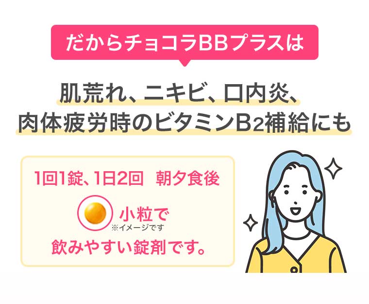 だからチョコラBBプラスは 肌荒れ、ニキビ、口内炎、肉体疲労時のビタミンB2補給にも
