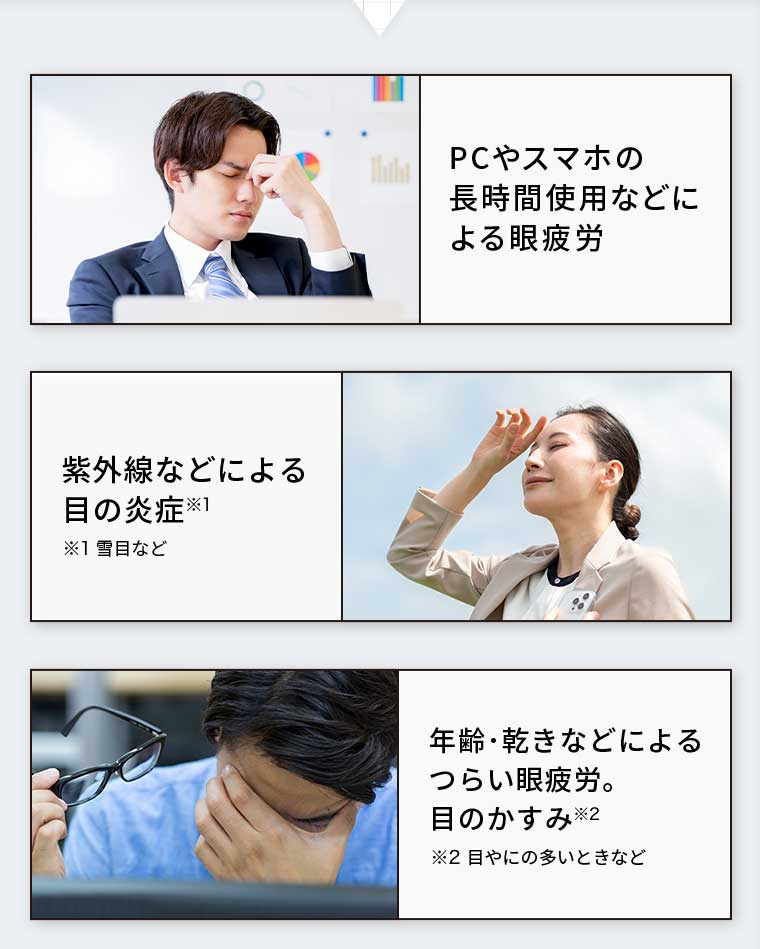 PCやスマホの長時間使用などによる眼疲労 紫外線などによる目の炎症 年齢・乾きなどによるつらい眼疲労。目のかすみ