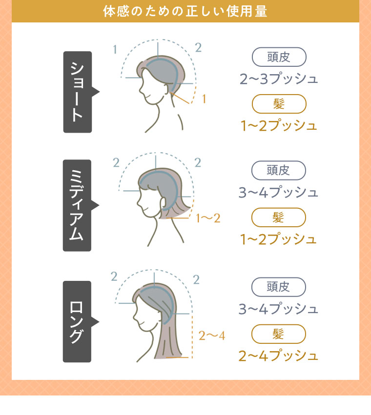 体感のための正しい使用量 ショート 頭皮2~3プッシュ 髮1~2プッシュ ミディアム 頭皮3~4プッシュ 髮1~2プッシュ ロング 頭皮3~4プッシュ 髮2~4プッシュ