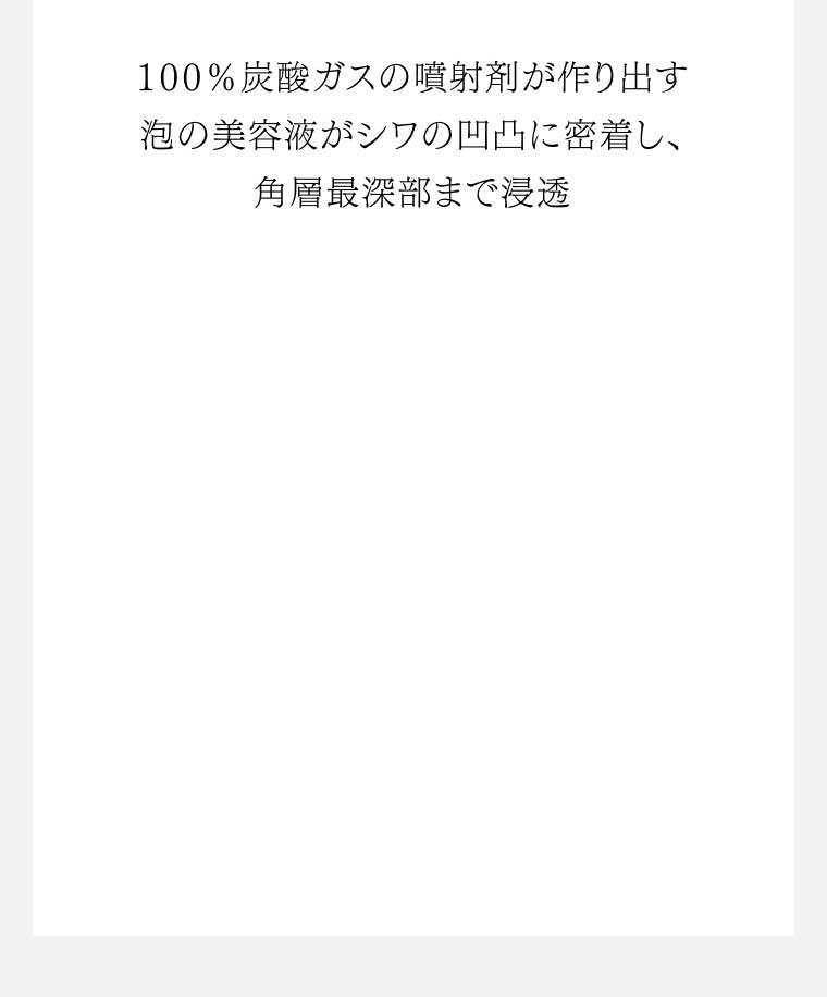 100%炭酸ガスの噴射剤が作り出す泡の美容液がシワの凹凸に密着し、角層最深部まで浸透