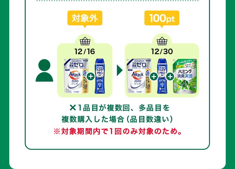 1品目が複数回、多品目を複数購入した場合(品目数違い) 100pt ※対象期間内で1回のみ対象のため