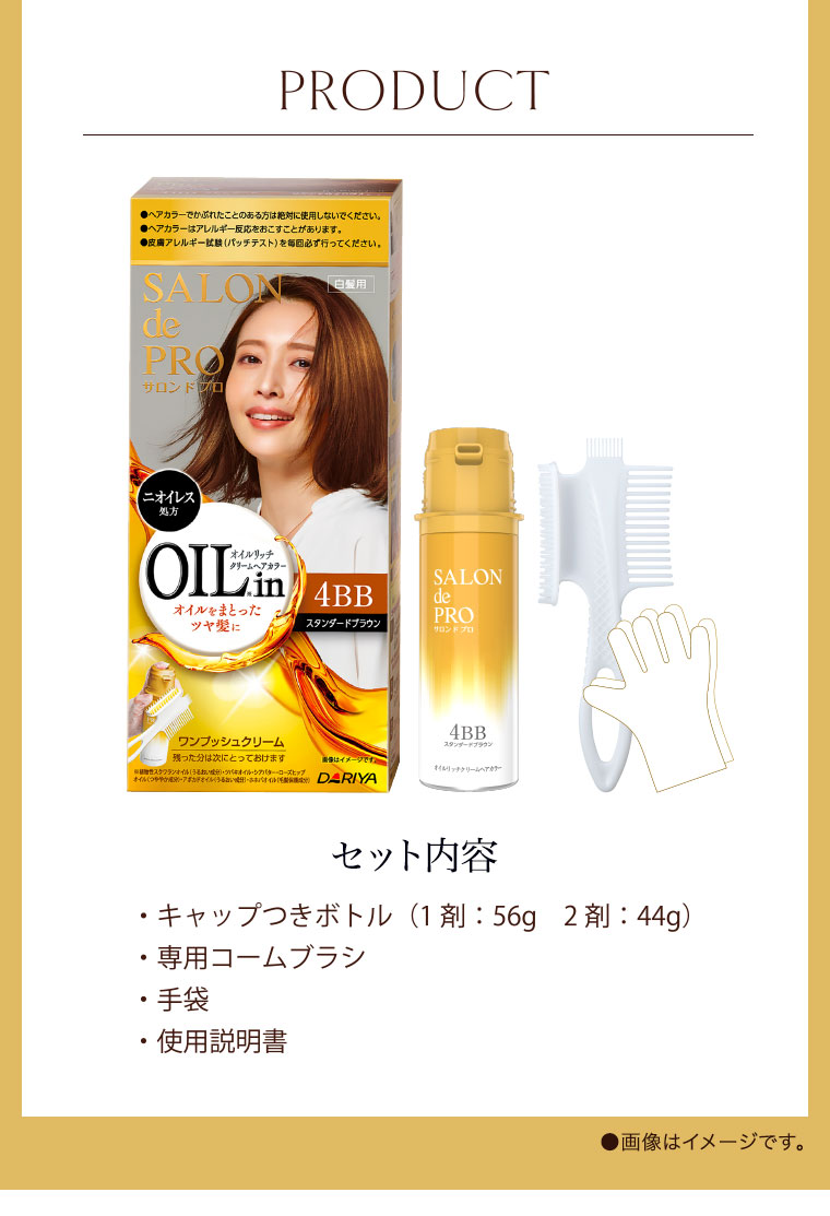 PRODUCT セット内容 キャップつきボトル（1剤：56g　2剤：44g）専用コームブラシ 手袋 使用説明書