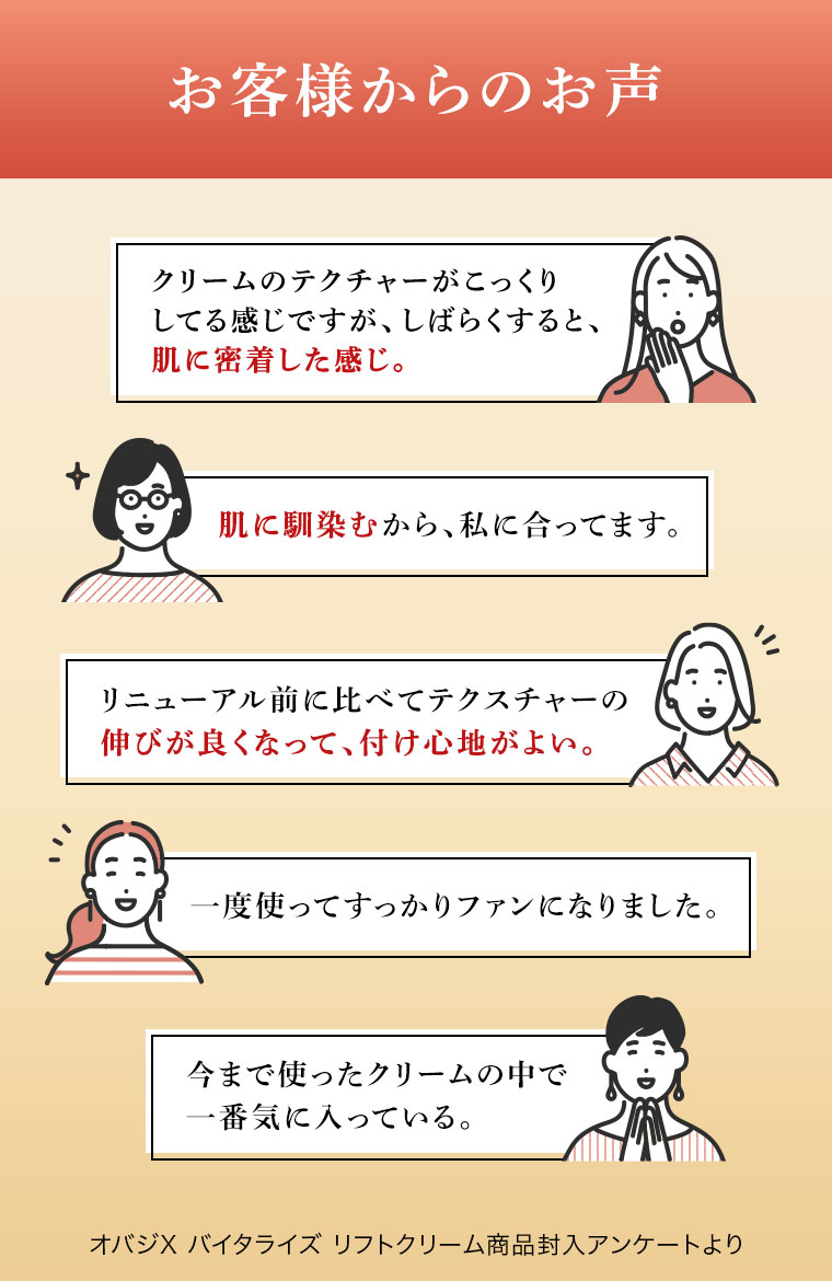 お客様からのお声 クリームのテクチャーがこっくりしてる感じですが、しばらくすると、肌に密着した感じ。