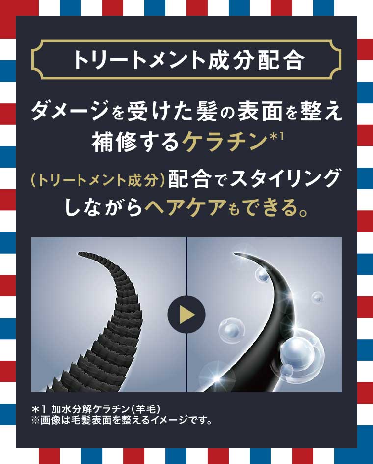 トリートメント成分配合 ダメージを受けた髪の表面を整え補修するケラチン(トリートメント成分)配合でスタイリングしながらヘアケアもできる