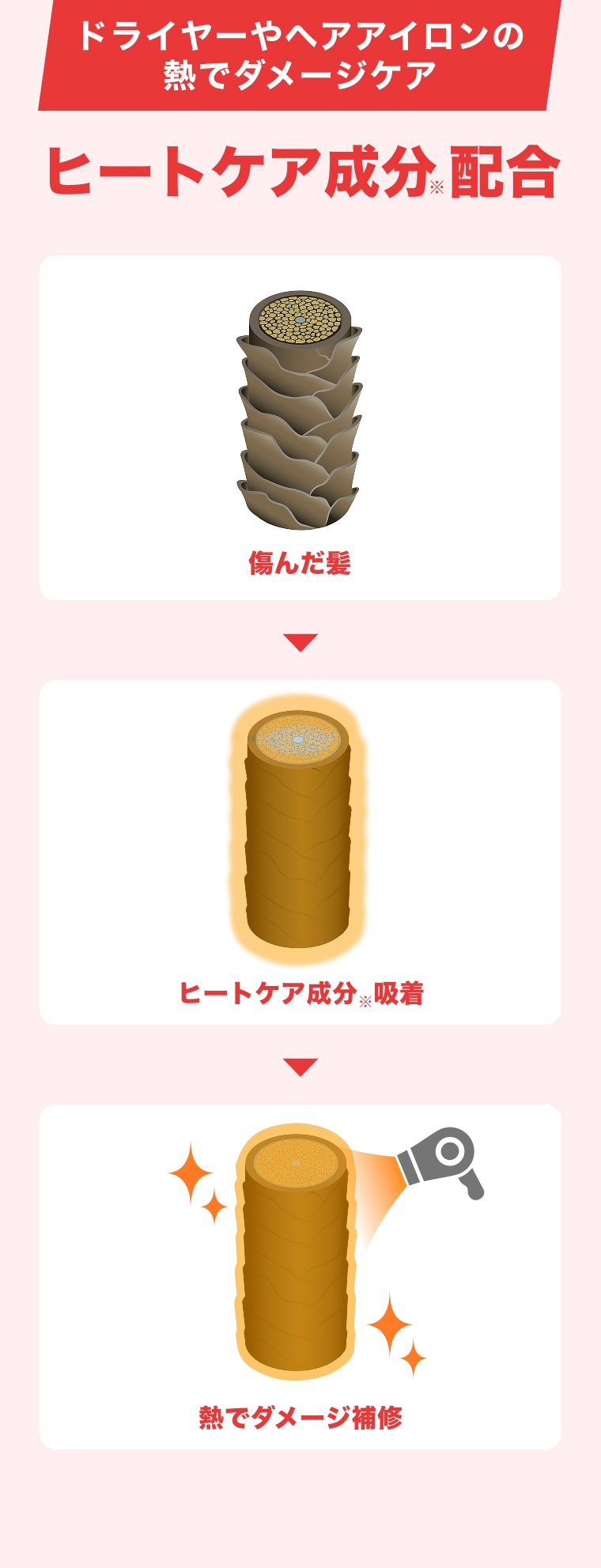 ドライヤーやヘアアイロンの熱でダメージケア、ヒートケア成分配合