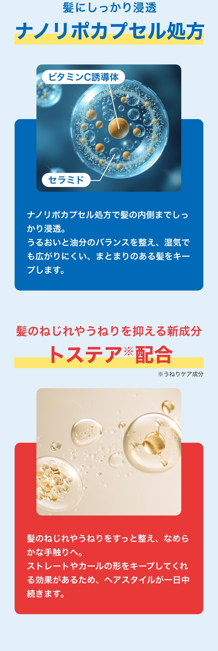 髪にしっかり浸透ナノリポカプセル処方、髪のねじれやうねりを抑える新成分トステア配合
