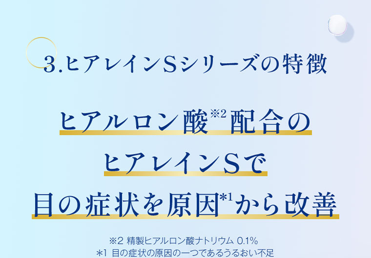 3.ヒアレインSシリーズの特徴 ヒアルロン酸配合のヒアレインSで目の症状を原因から改善