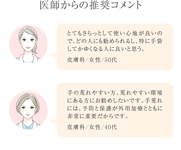 医師からの推奨コメント とてもさらっとして使い心地が良いので、どの人にも勧められるし、特に手袋してかゆくなる人に良いと思う。