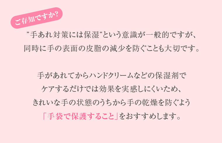 ご存知ですか? 手あれ対策には保湿という意識が一般的ですが、同時に手の表面の皮脂の減少を防ぐことも大切です。